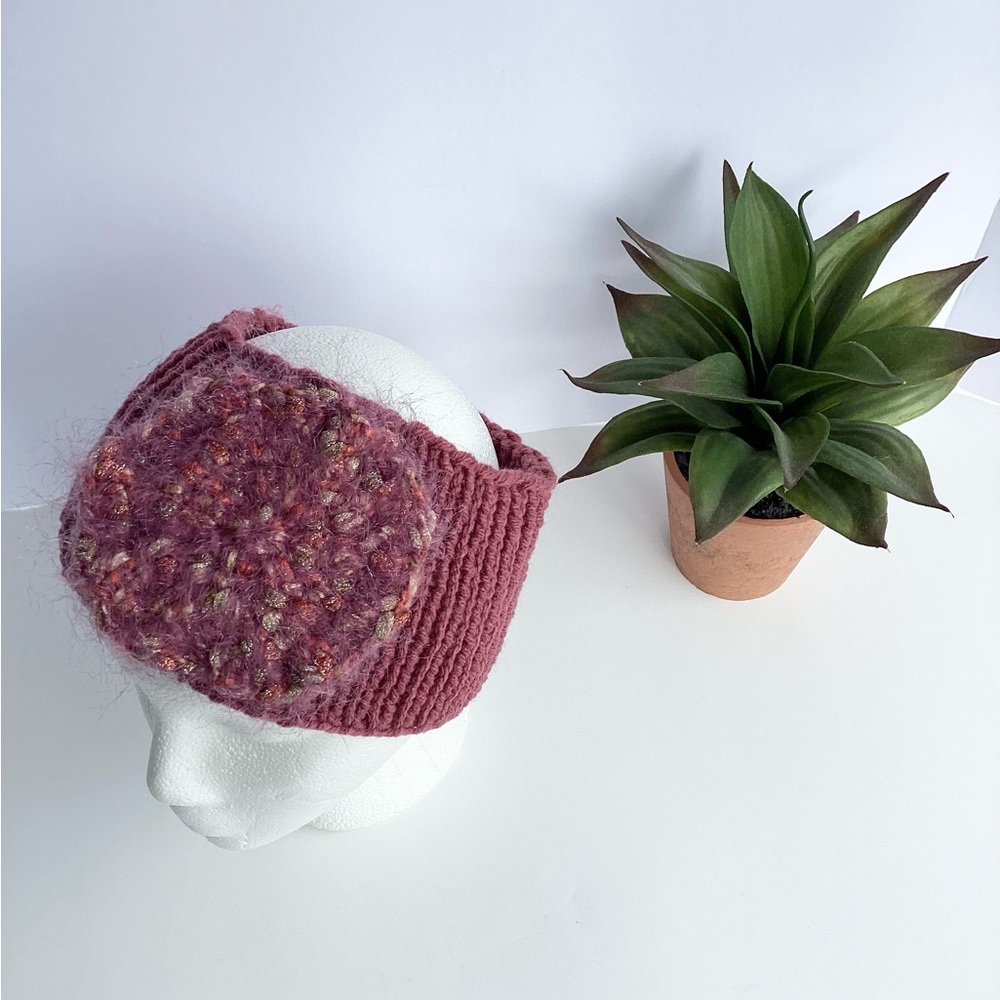 Headband Earwarmer Hand Crafted Hat Ponytail Floral Rose Bling Fuzzy - Picture 4 of 14